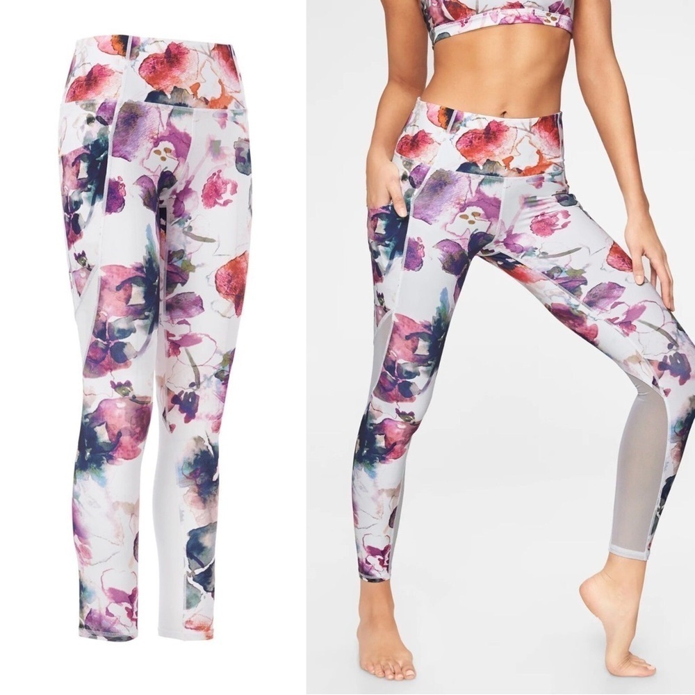 Athleta • Floral Mudra 7/8 Tight leggings ankle crop Pink Multi purple #325530